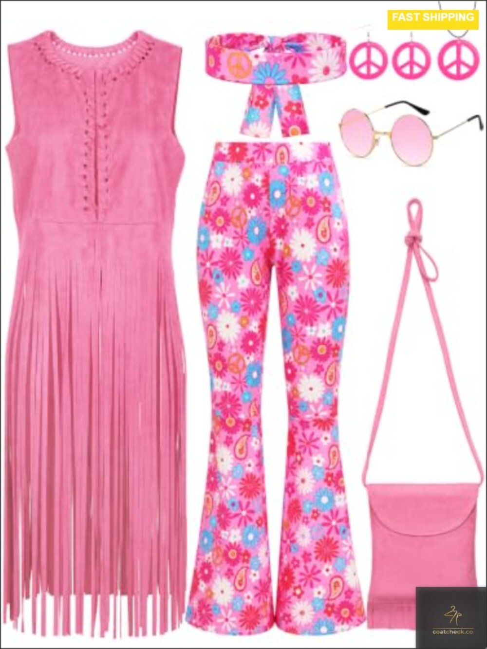 7pc 70s Hippie Costume Fringe Vest Bell Bottoms Accessories Set Disco Party